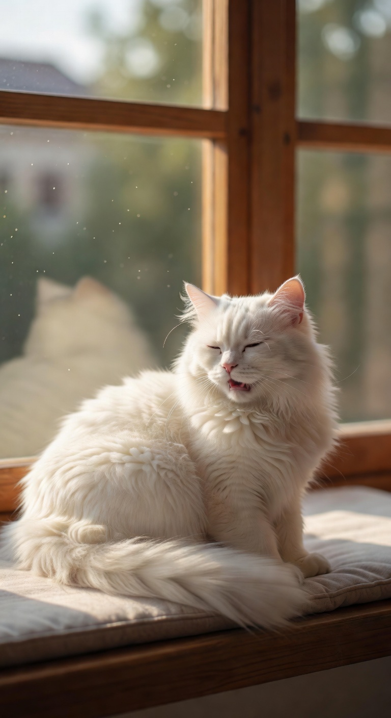 A fluffy white cat purring near a window