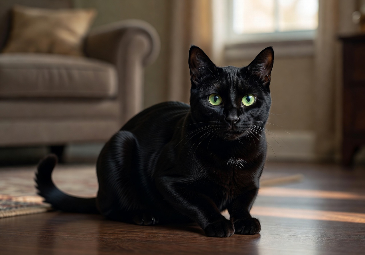 Bella, a sleek black cat with bright green eyes