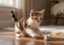 Chloe, a small calico kitten playing