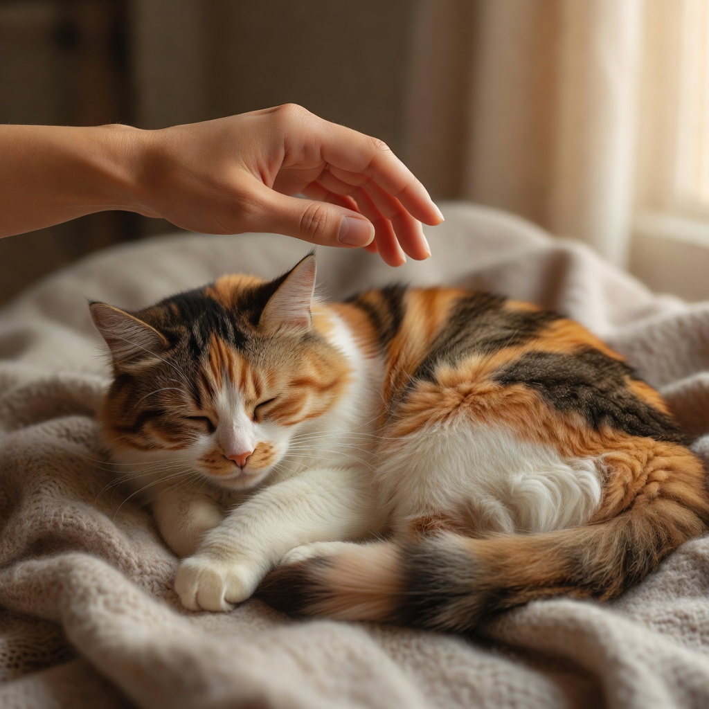 Gentle hand reaching out to a grateful sleeping cat