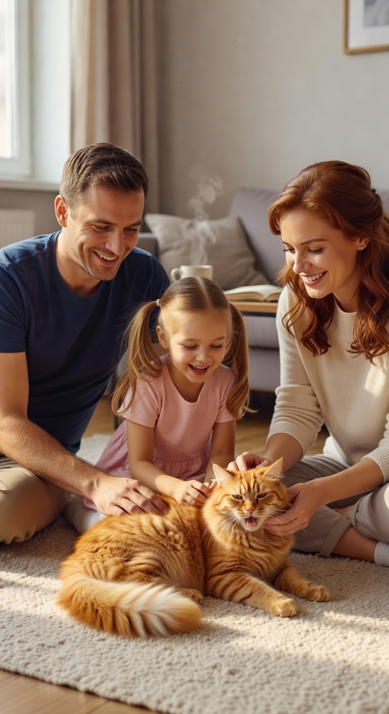 Happy family petting an orange cat