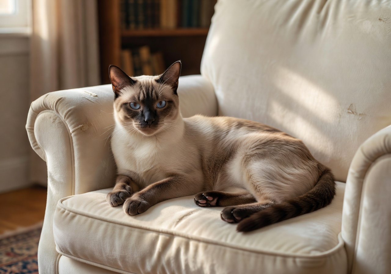 Leo, an older Siamese cat relaxing