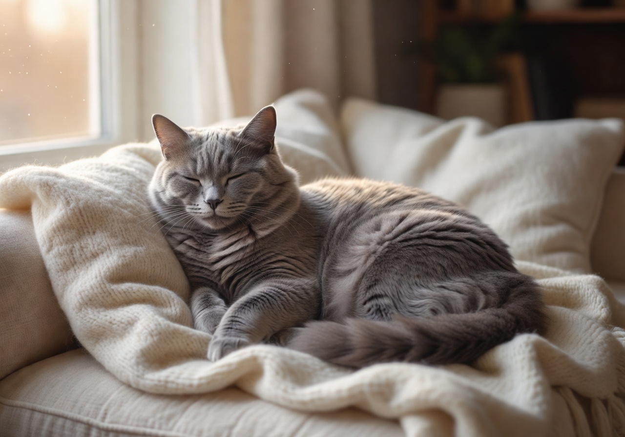 Luna, a fluffy grey cat resting calmly
