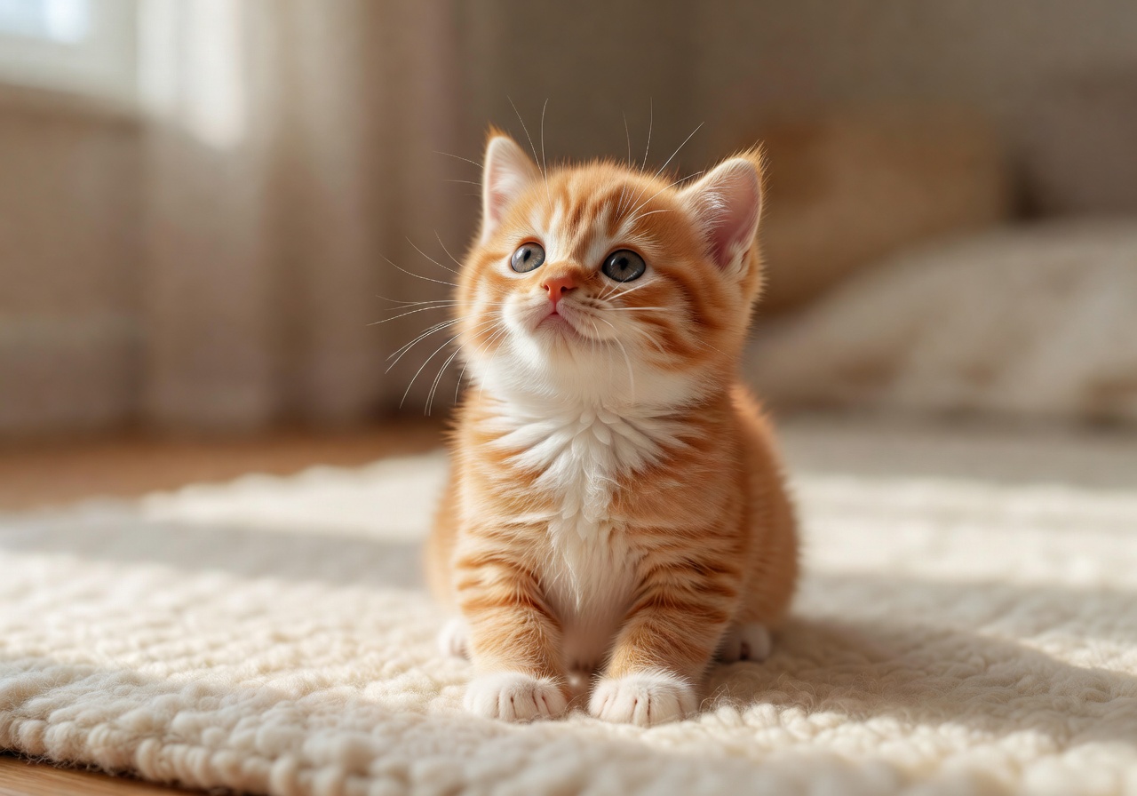 Milo, an orange and white cat looking up sweetly