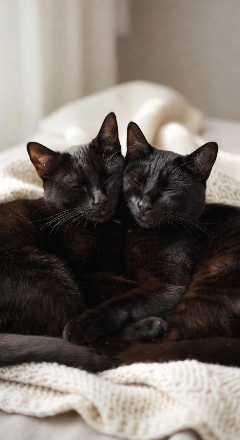 Two bonded black cats resting together securely