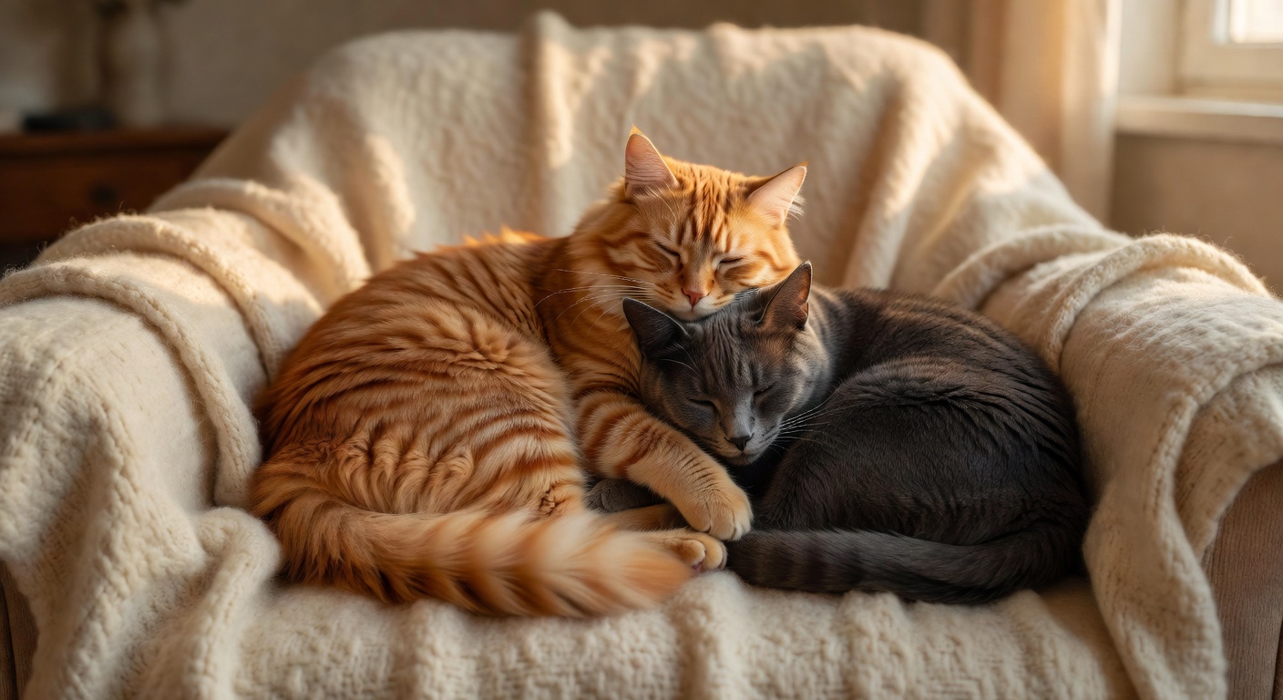 Two cats cuddling peacefully in warm lighting