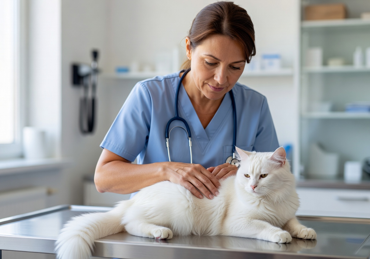Veterinarian gently examining a calm white cat