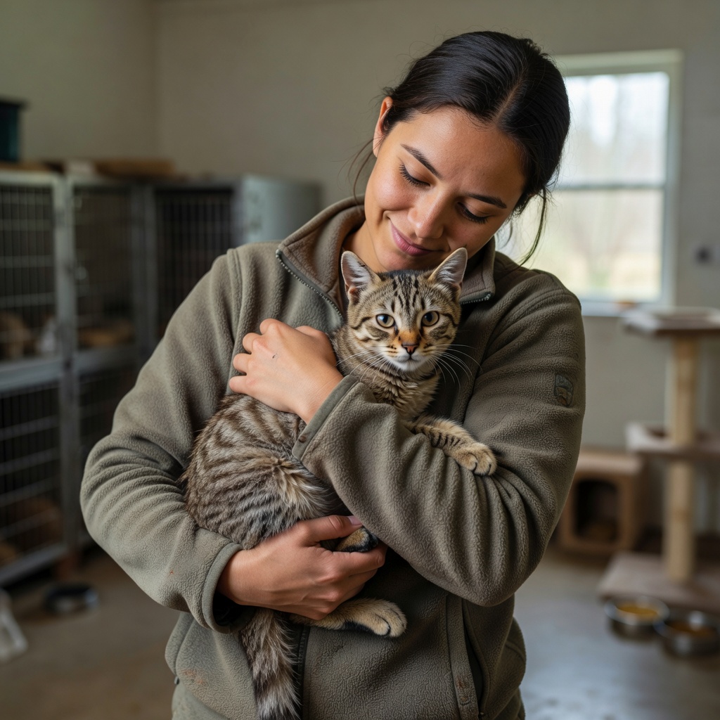 Volunteer holding a rescued cat lovingly